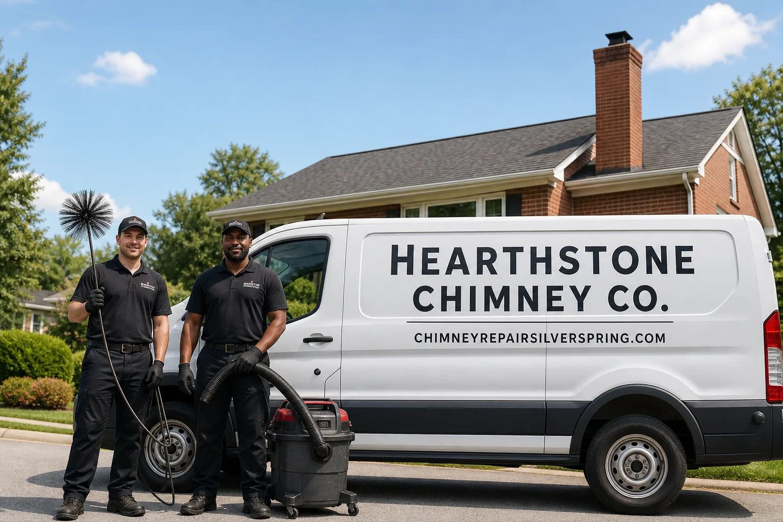 Hearthstone Chimney Co. chimney cleaning service vehicle and crew in Silver Spring, MD